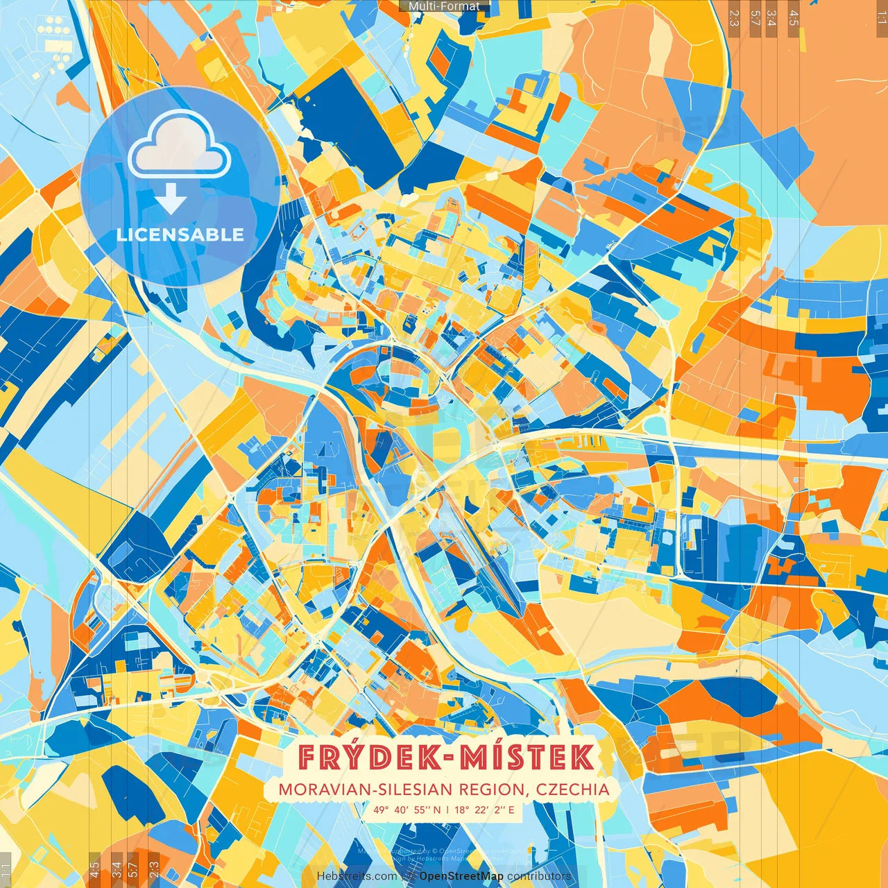 Frýdek-Místek, Moravian-Silesian Region, Czechia blue and orange vector art map template