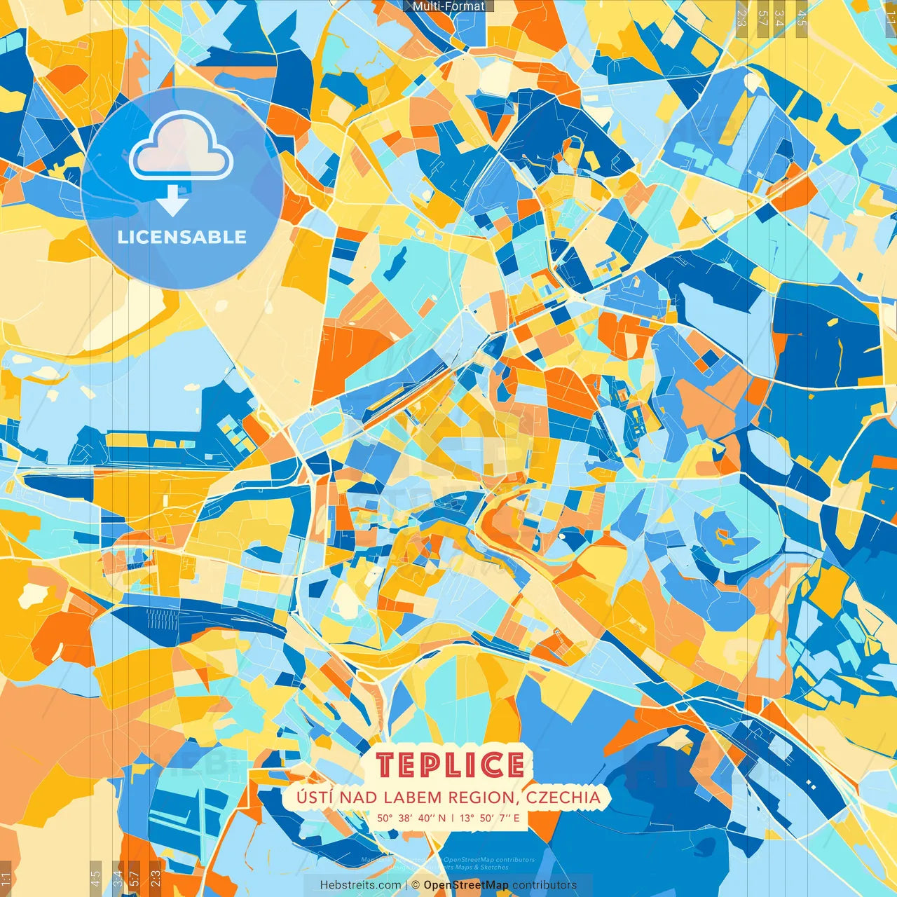 Teplice, Ústí nad Labem Region, Czechia blue and orange vector art map template