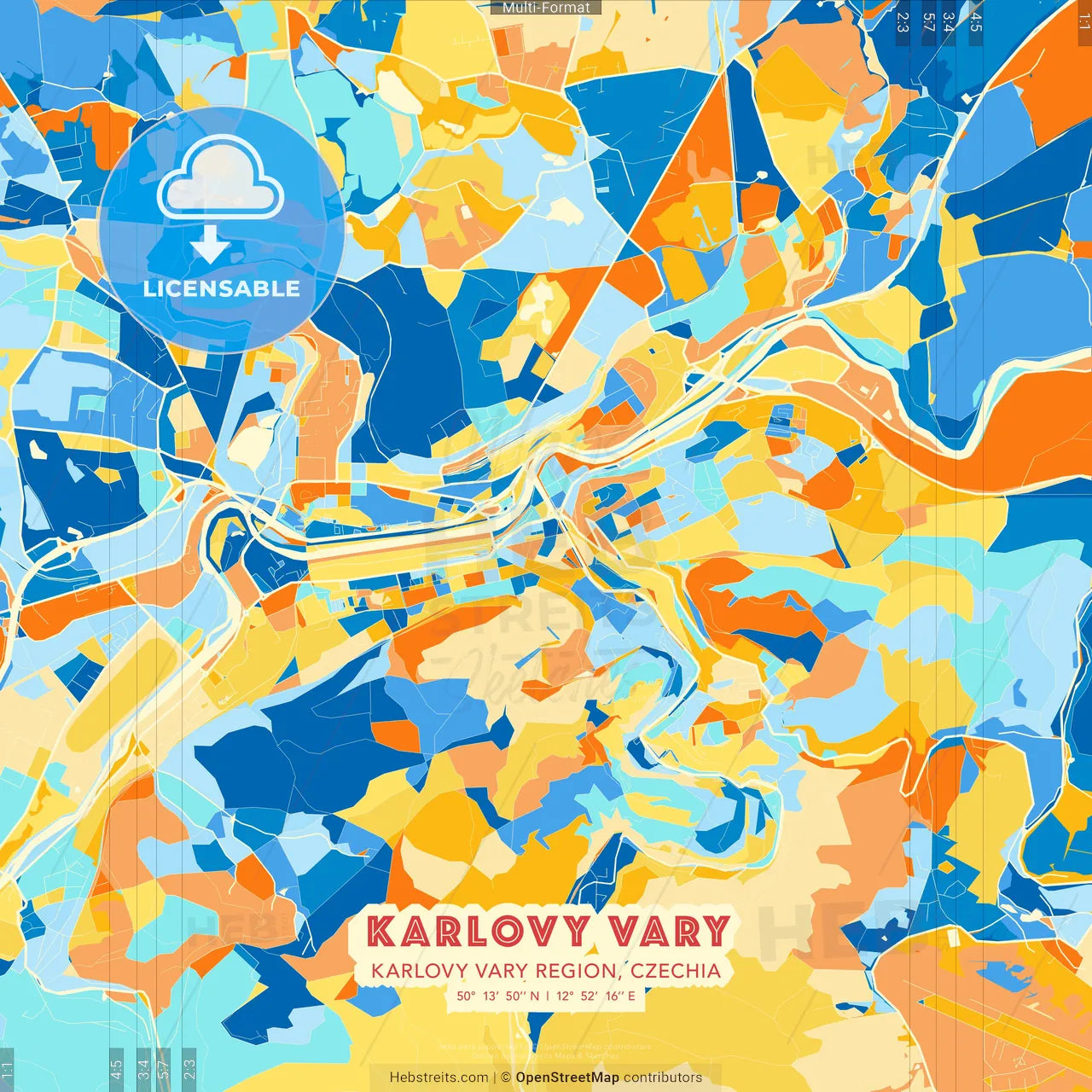 Karlovy Vary, Karlovy Vary Region, Czechia blue and orange vector art map template