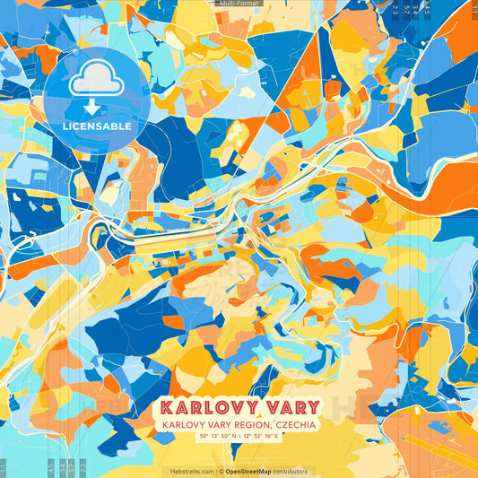 Karlovy Vary, Karlovy Vary Region, Czechia blue and orange vector art map template