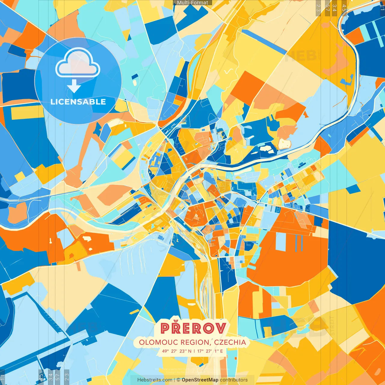 Přerov, Olomouc Region, Czechia blue and orange vector art map template