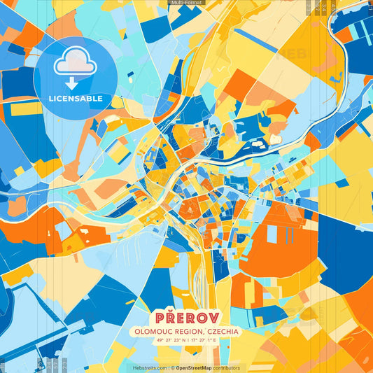 Přerov, Olomouc Region, Czechia blue and orange vector art map template