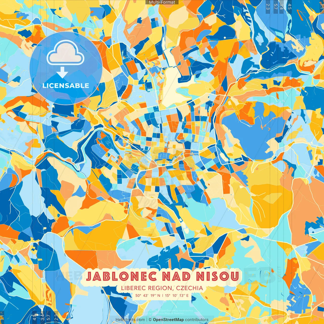 Jablonec nad Nisou, Liberec Region, Czechia blue and orange vector art map template