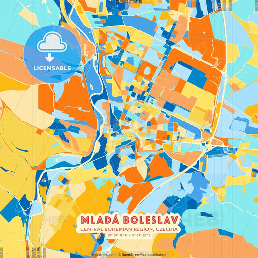 Mladá Boleslav, Central Bohemian Region, Czechia blue and orange vector art map template