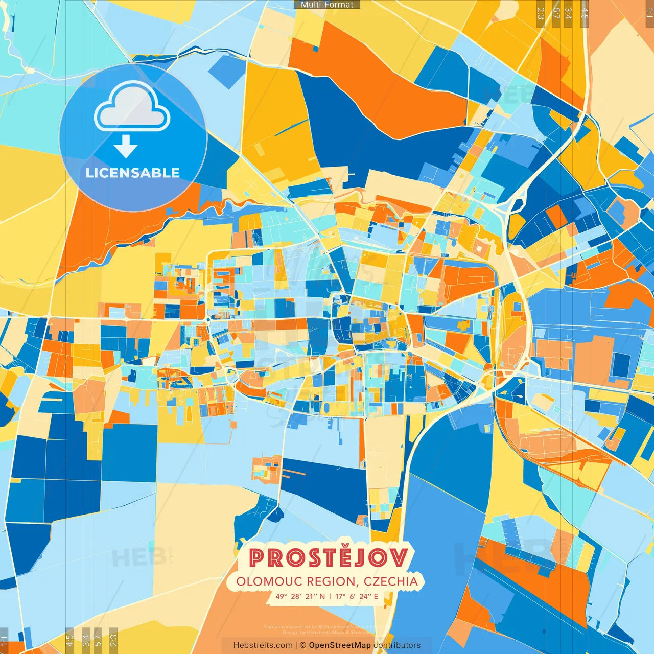 Prostějov, Olomouc Region, Czechia blue and orange vector art map template