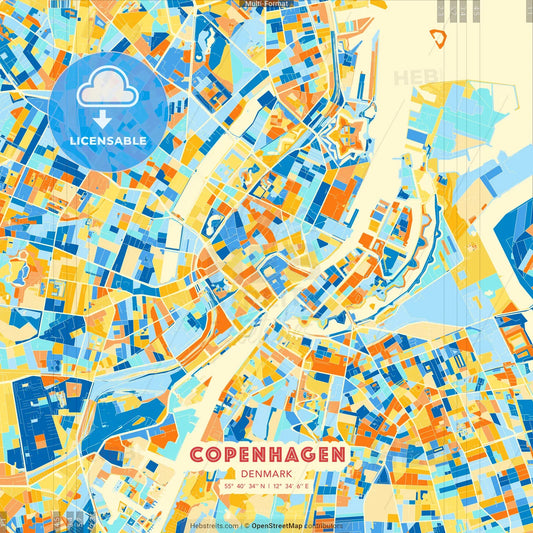 Copenhagen, Denmark blue and orange vector art map template