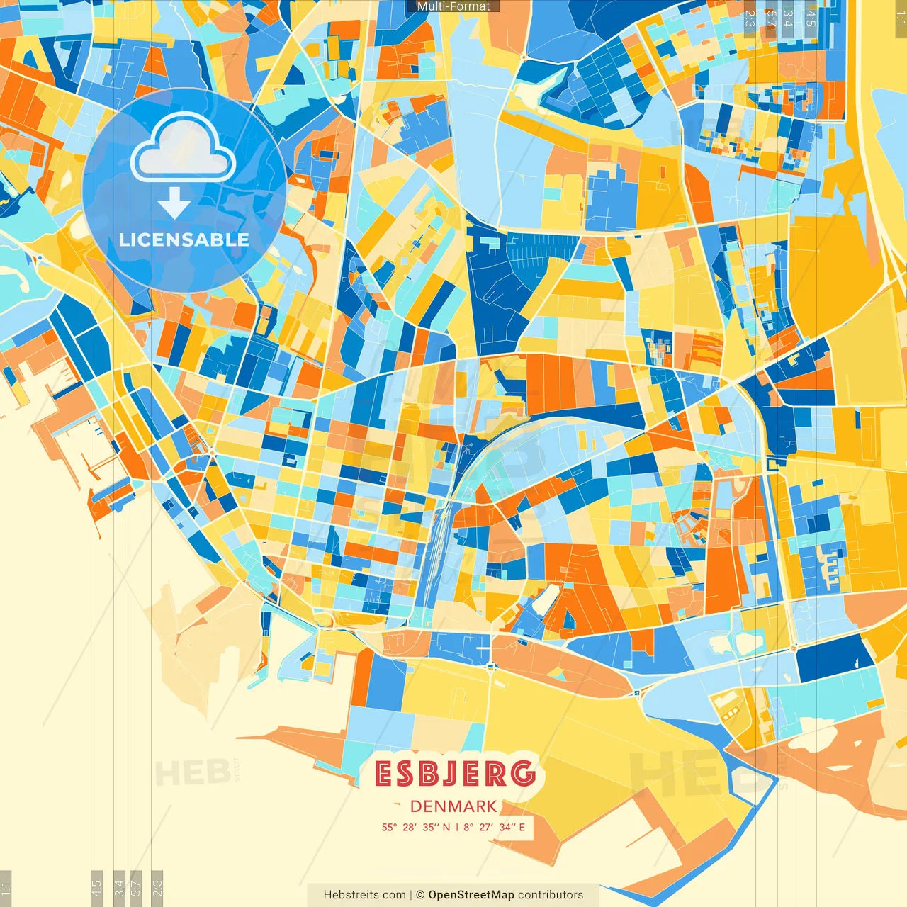 Esbjerg, Denmark blue and orange vector art map template