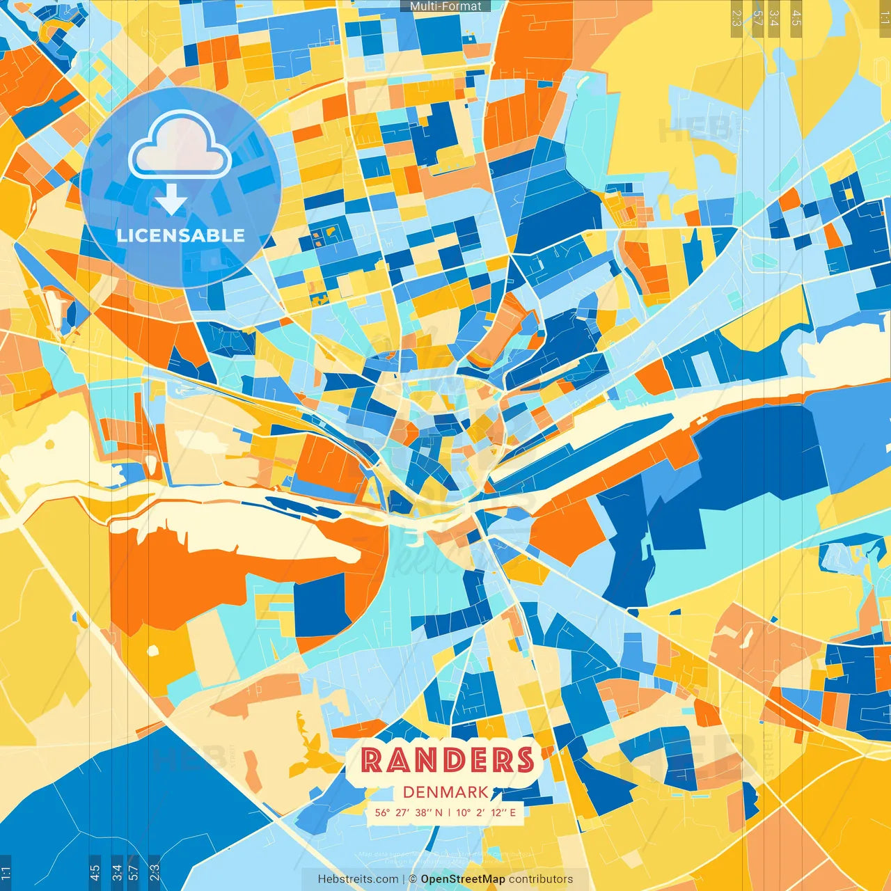 Randers, Denmark blue and orange vector art map template