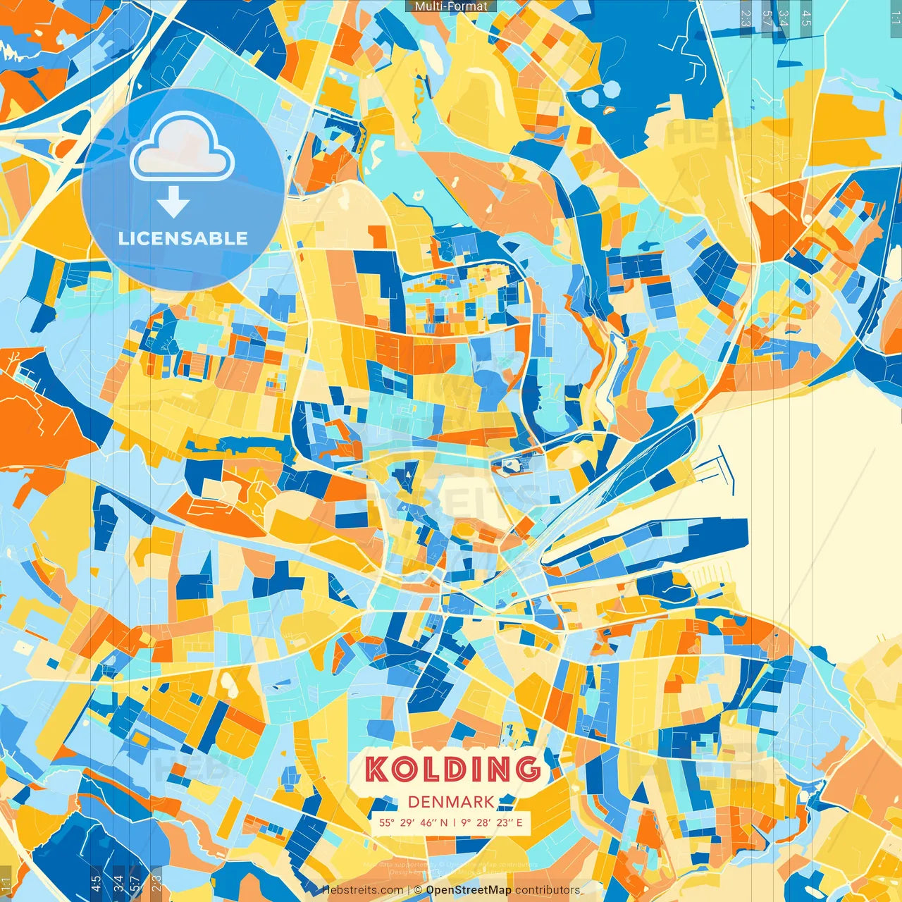 Kolding, Denmark blue and orange vector art map template