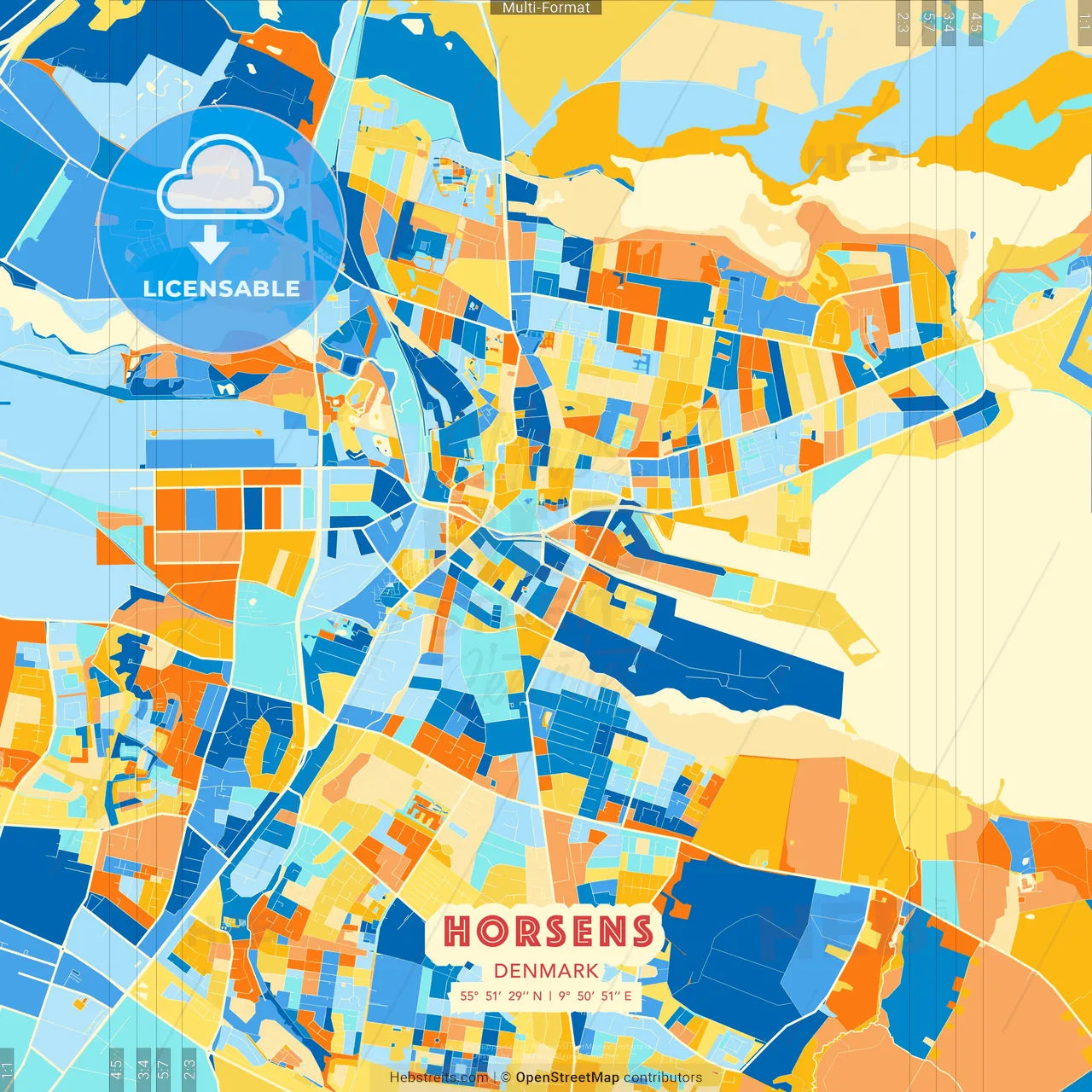 Horsens, Denmark blue and orange vector art map template