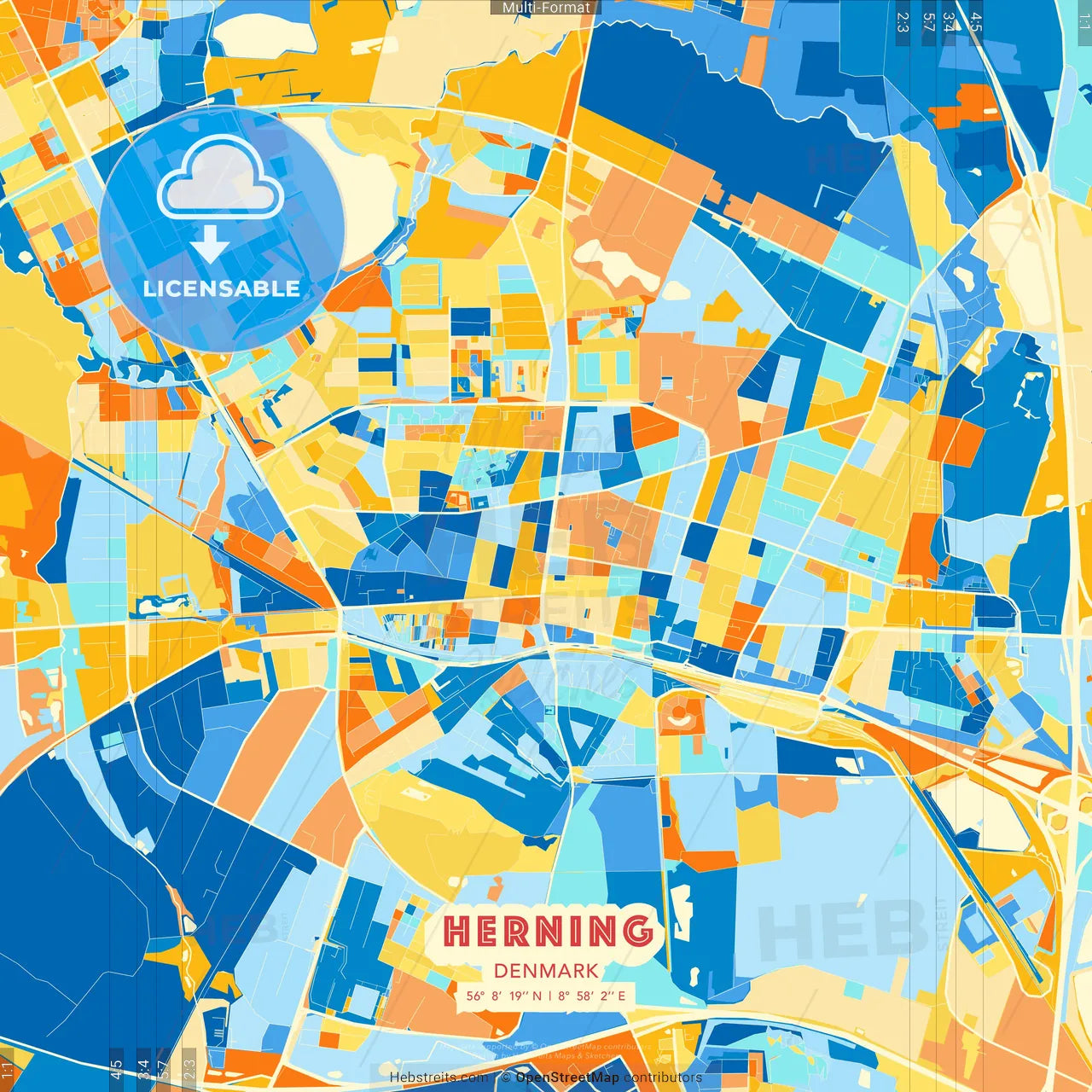 Herning, Denmark blue and orange vector art map template