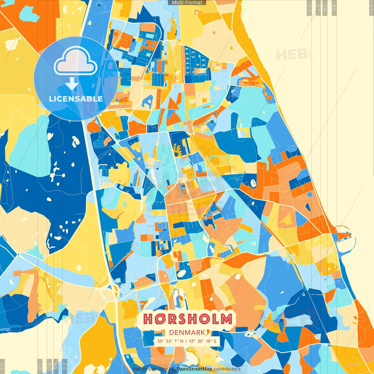 Hørsholm, Denmark blue and orange vector art map template