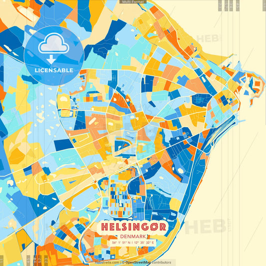 Helsingør, Denmark blue and orange vector art map template