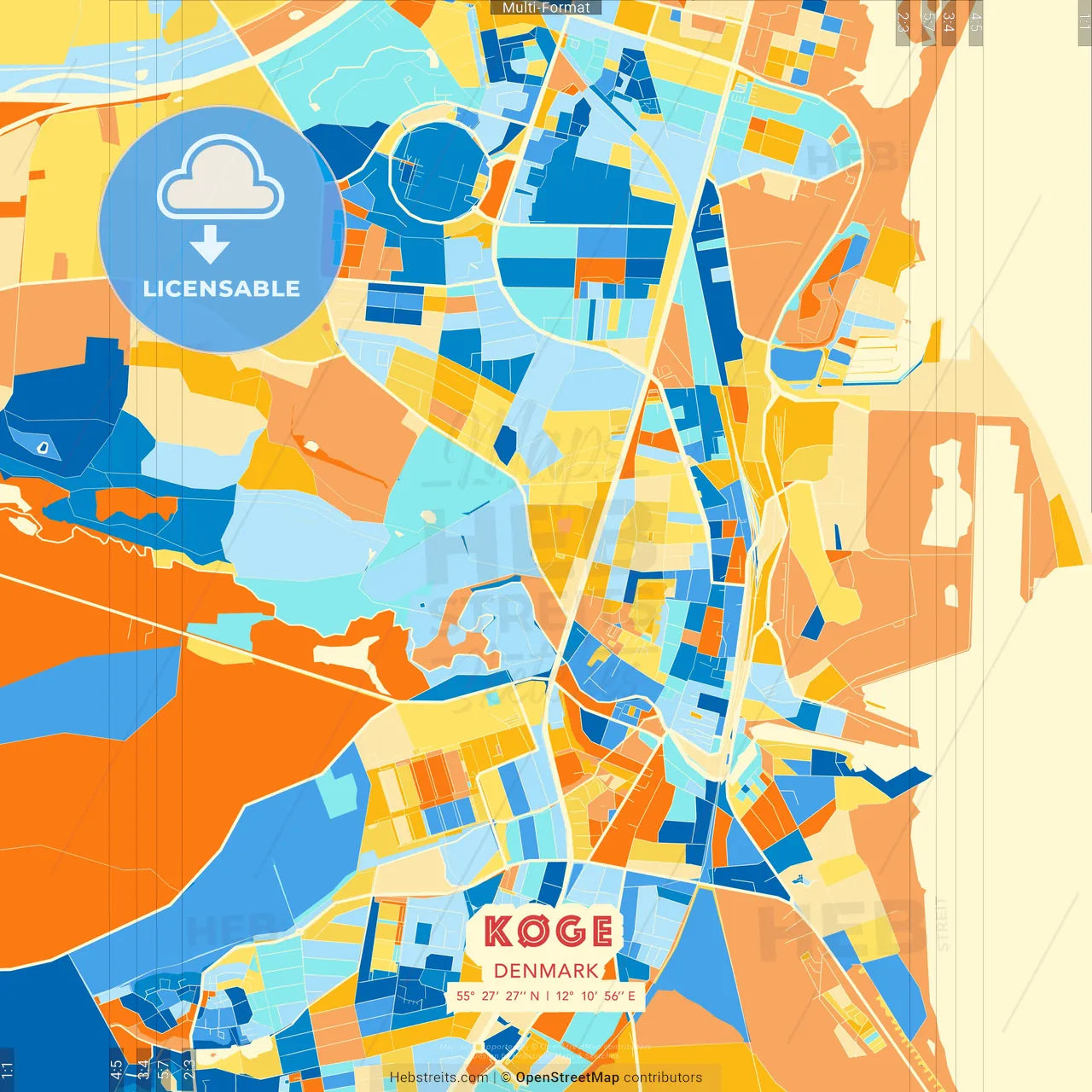 Køge, Denmark blue and orange vector art map template