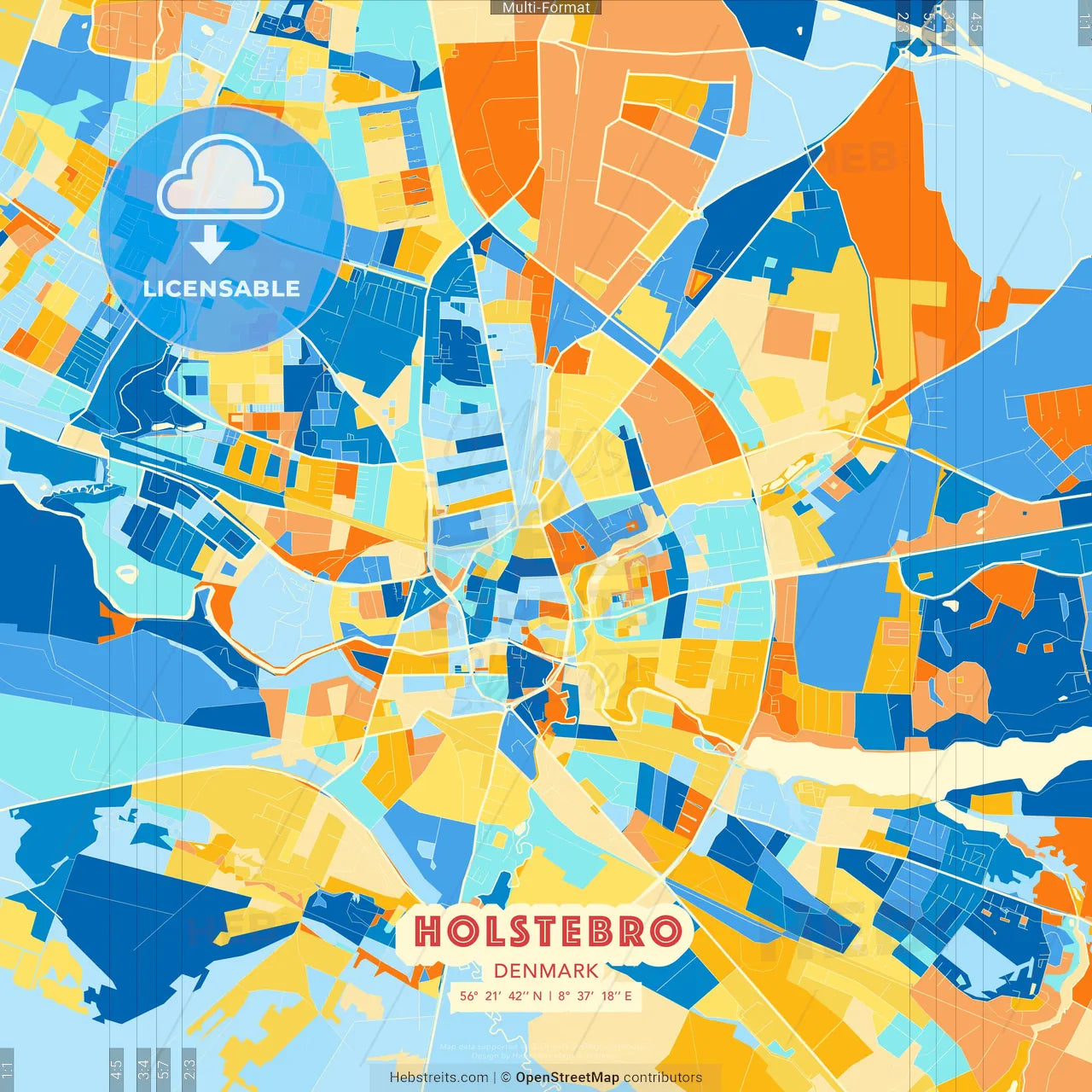 Holstebro, Denmark blue and orange vector art map template