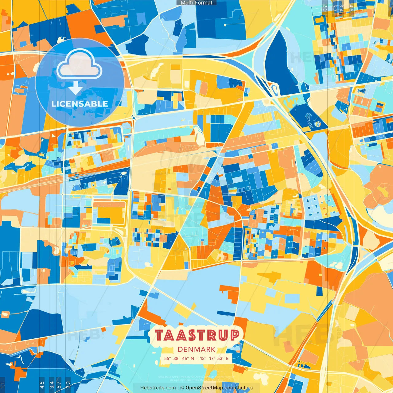 Taastrup, Denmark blue and orange vector art map template