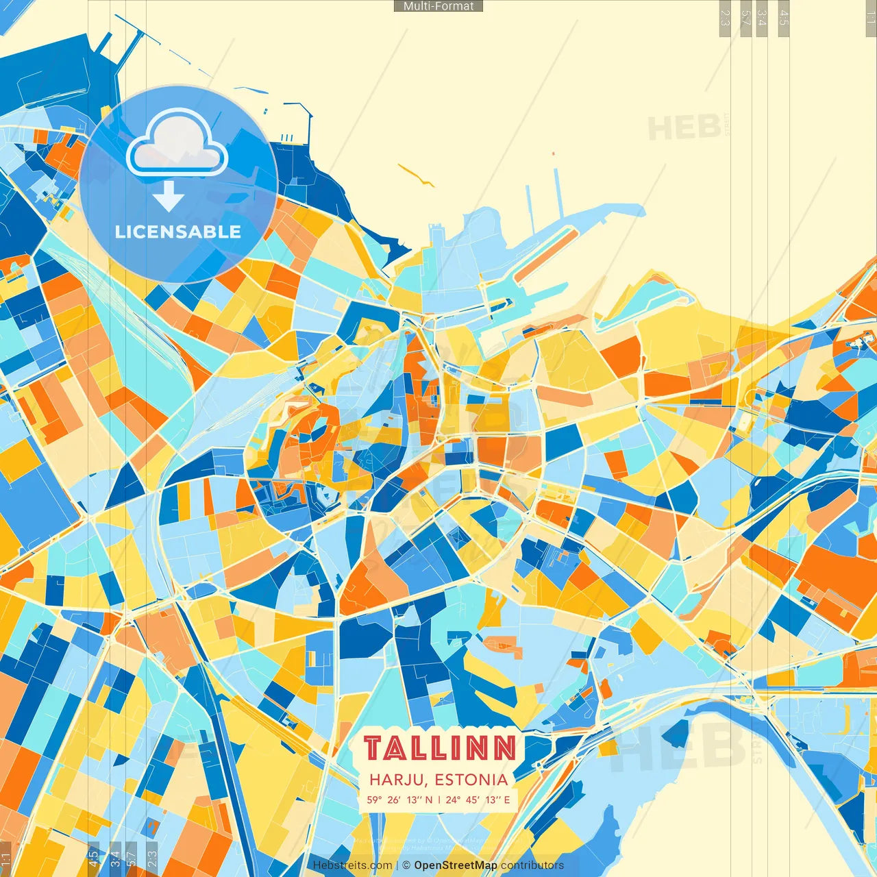 Tallinn, Harju, Estonia blue and orange vector art map template