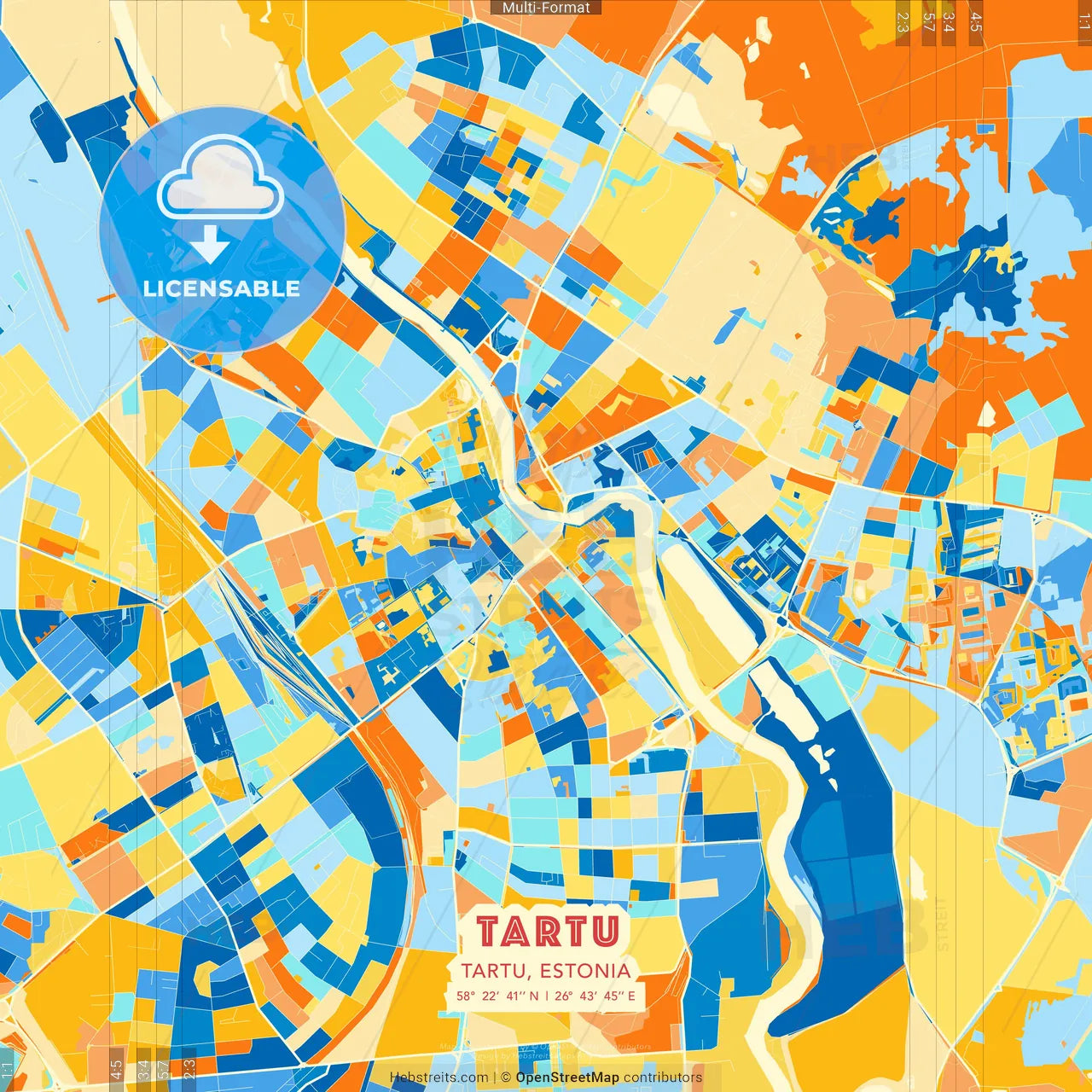 Tartu, Tartu, Estonia blue and orange vector art map template