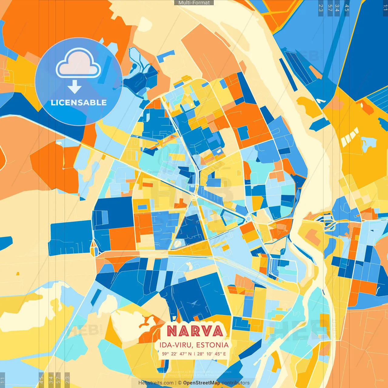 Narva, Ida-Viru, Estonia blue and orange vector art map template