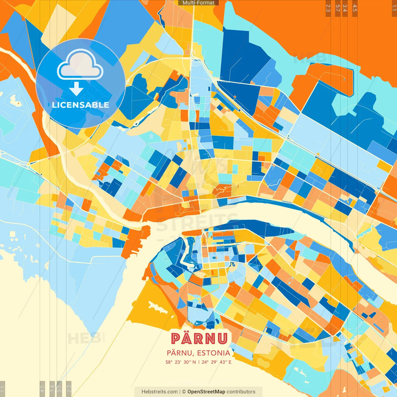 Pärnu, Pärnu, Estonia blue and orange vector art map template