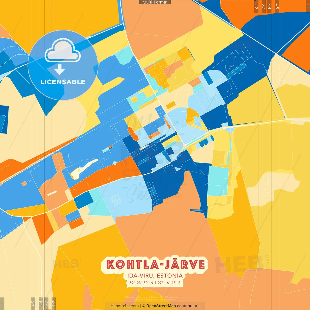 Kohtla-Järve, Ida-Viru, Estonia blue and orange vector art map template