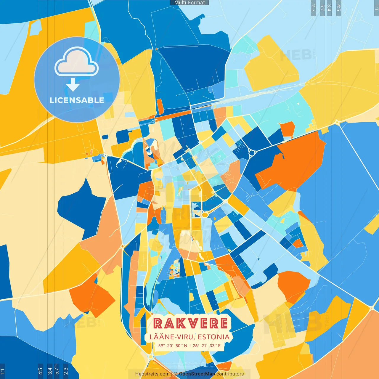 Rakvere, Lääne-Viru, Estonia blue and orange vector art map template