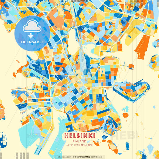 Helsinki, Finland blue and orange vector art map template
