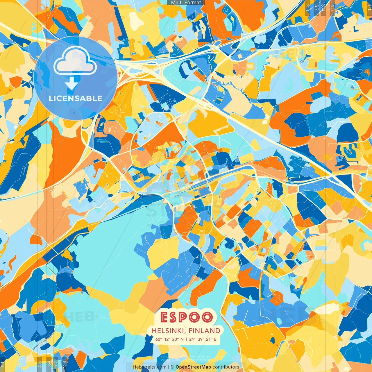 Espoo, Helsinki, Finland blue and orange vector art map template