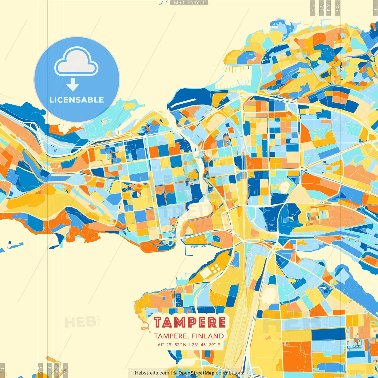 Tampere, Tampere, Finland blue and orange vector art map template