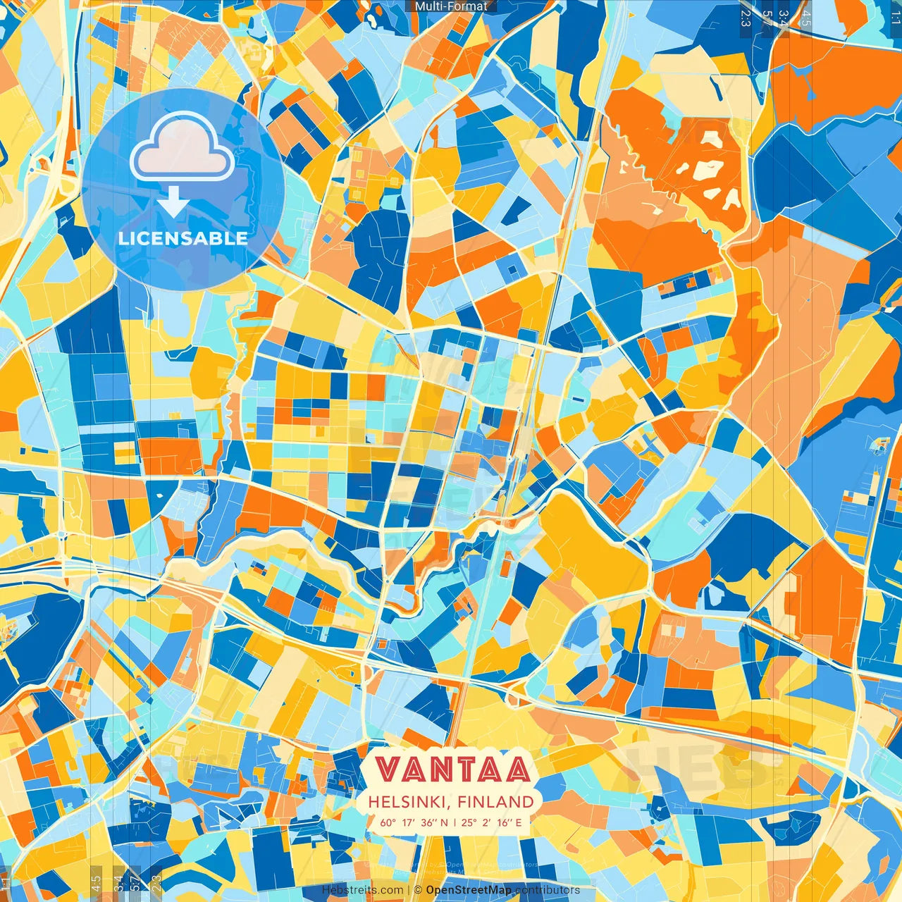 Vantaa, Helsinki, Finland blue and orange vector art map template