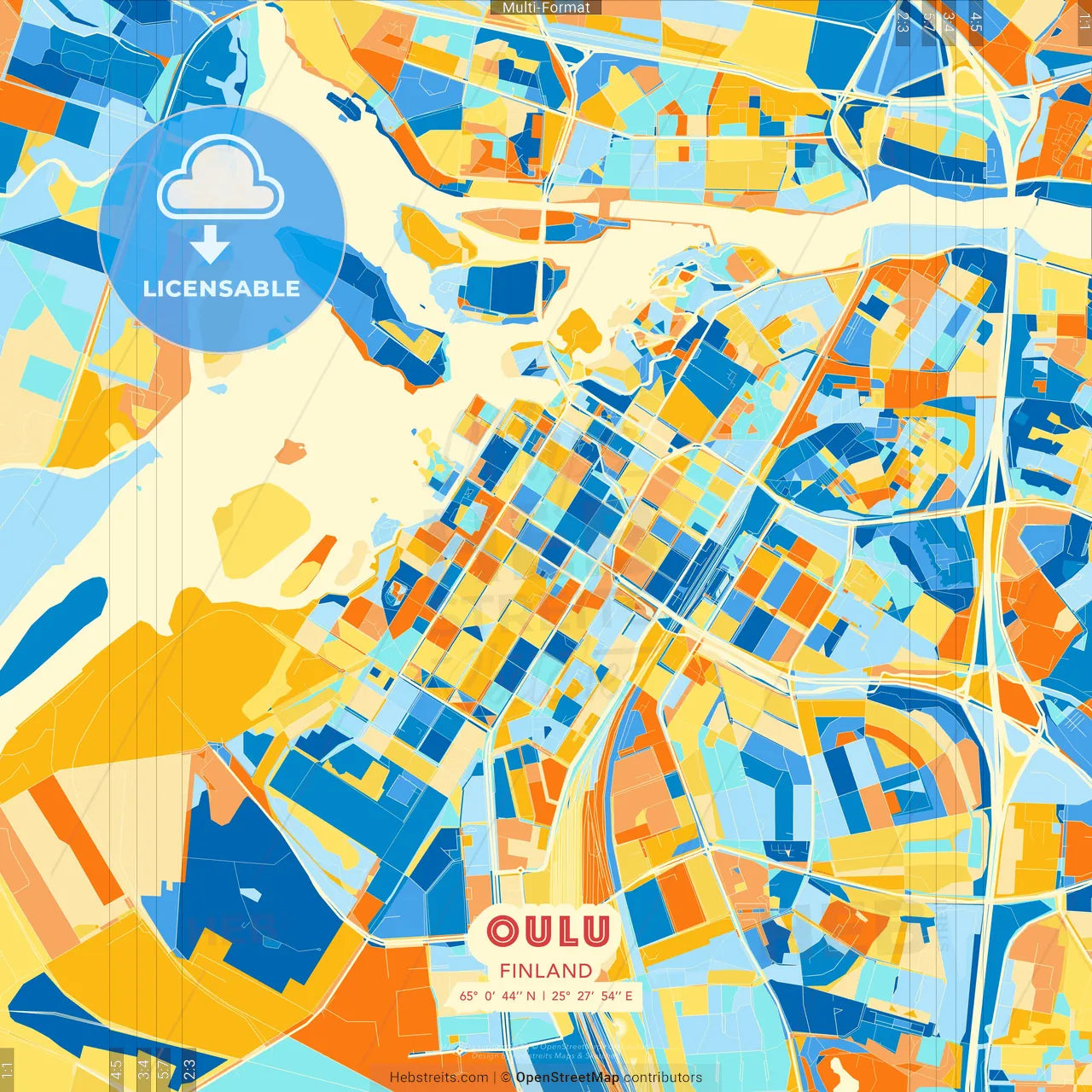 Oulu, Finland blue and orange vector art map template