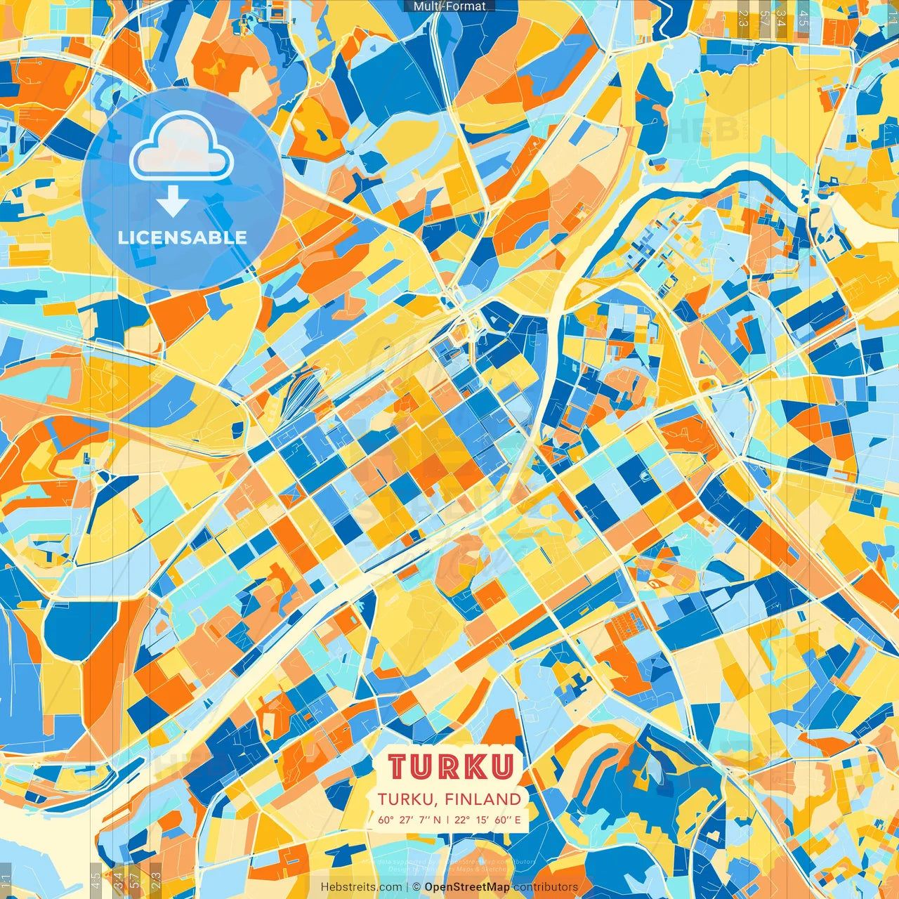 Turku, Turku, Finland blue and orange vector art map template