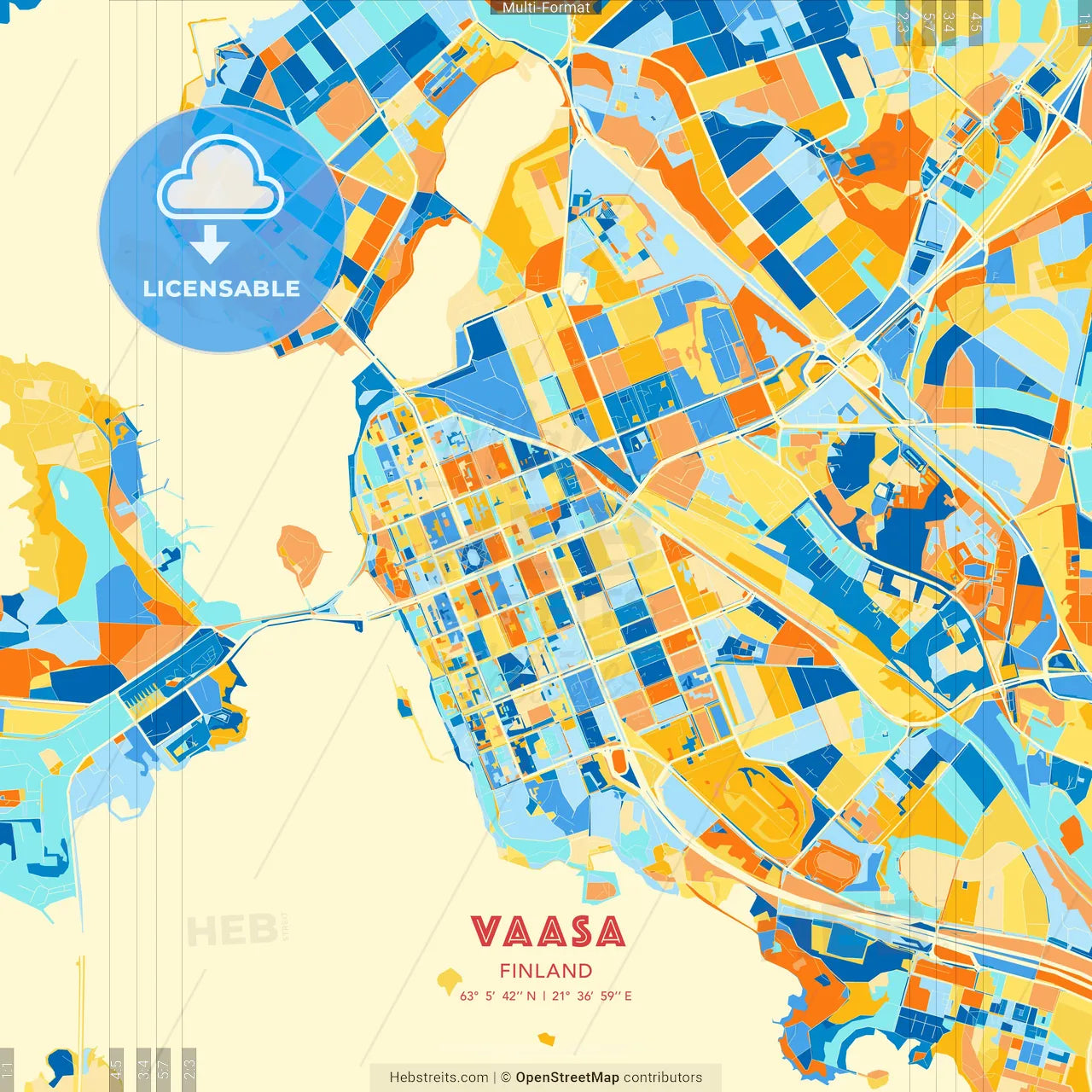 Vaasa, Finland blue and orange vector art map template