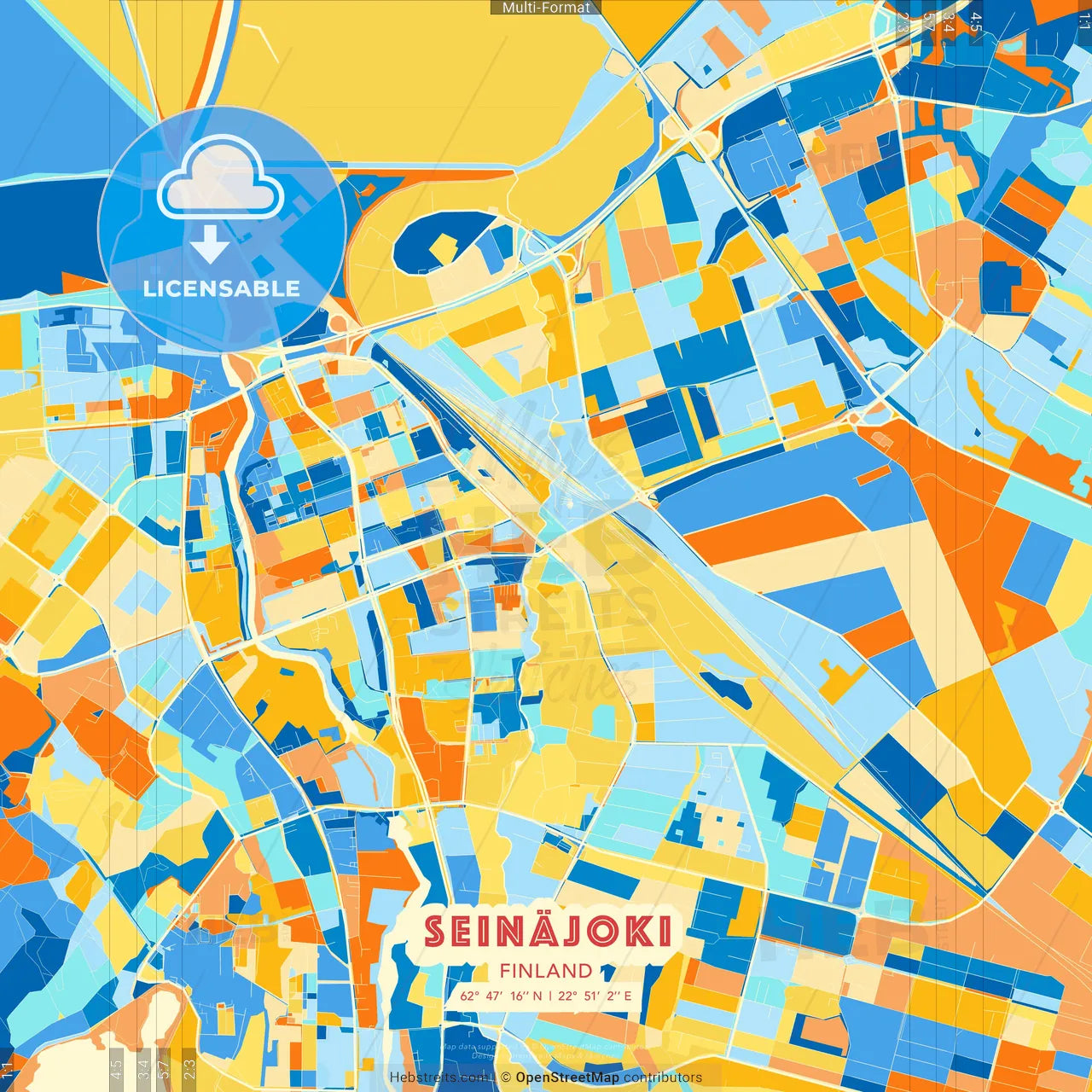 Seinäjoki, Finland blue and orange vector art map template