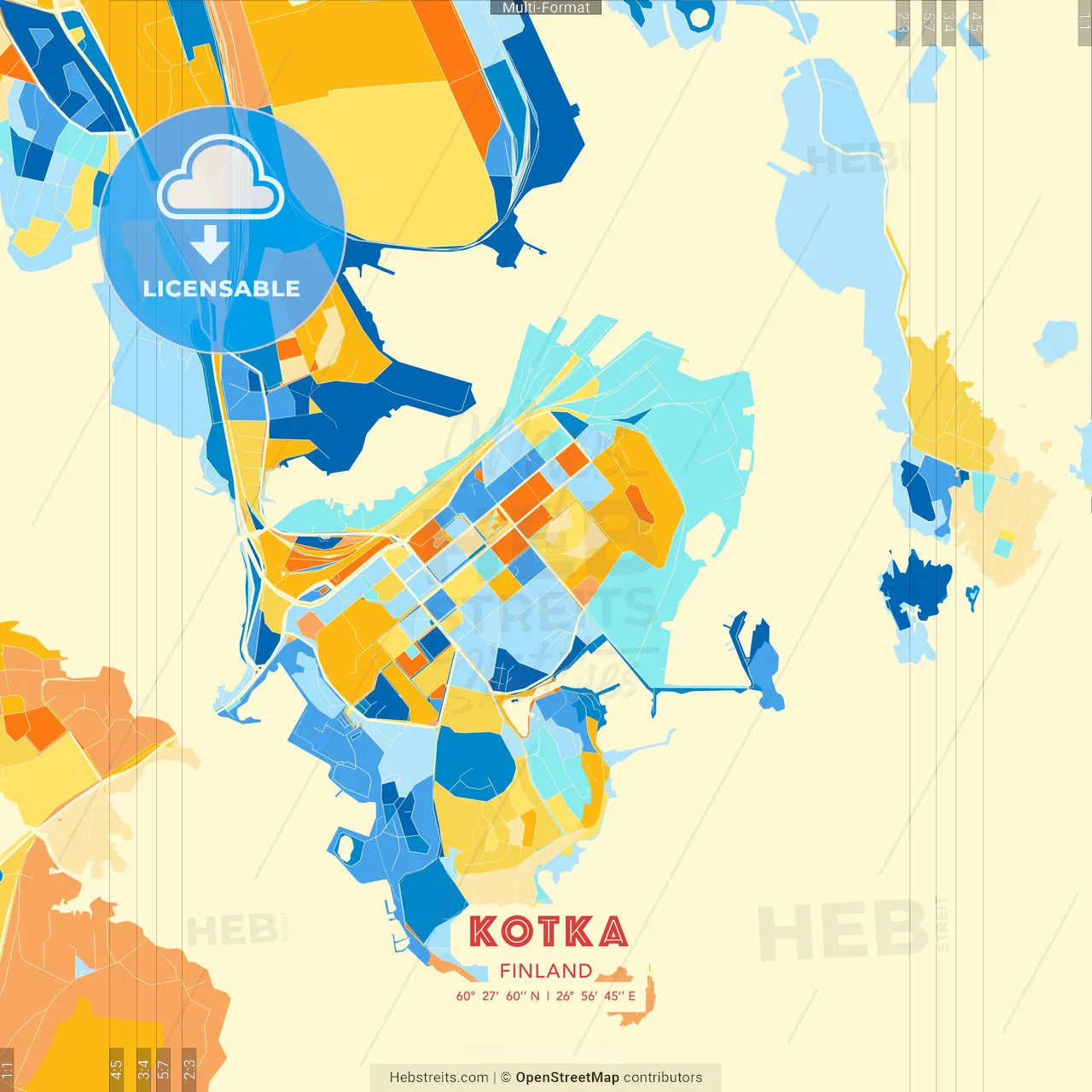 Kotka, Finland blue and orange vector art map template
