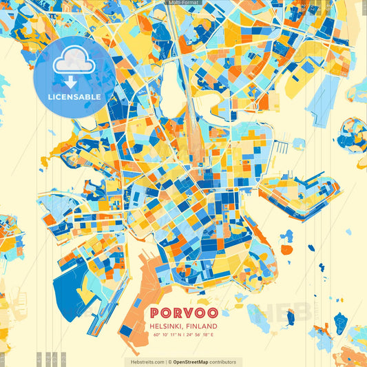 Porvoo, Helsinki, Finland blue and orange vector art map template
