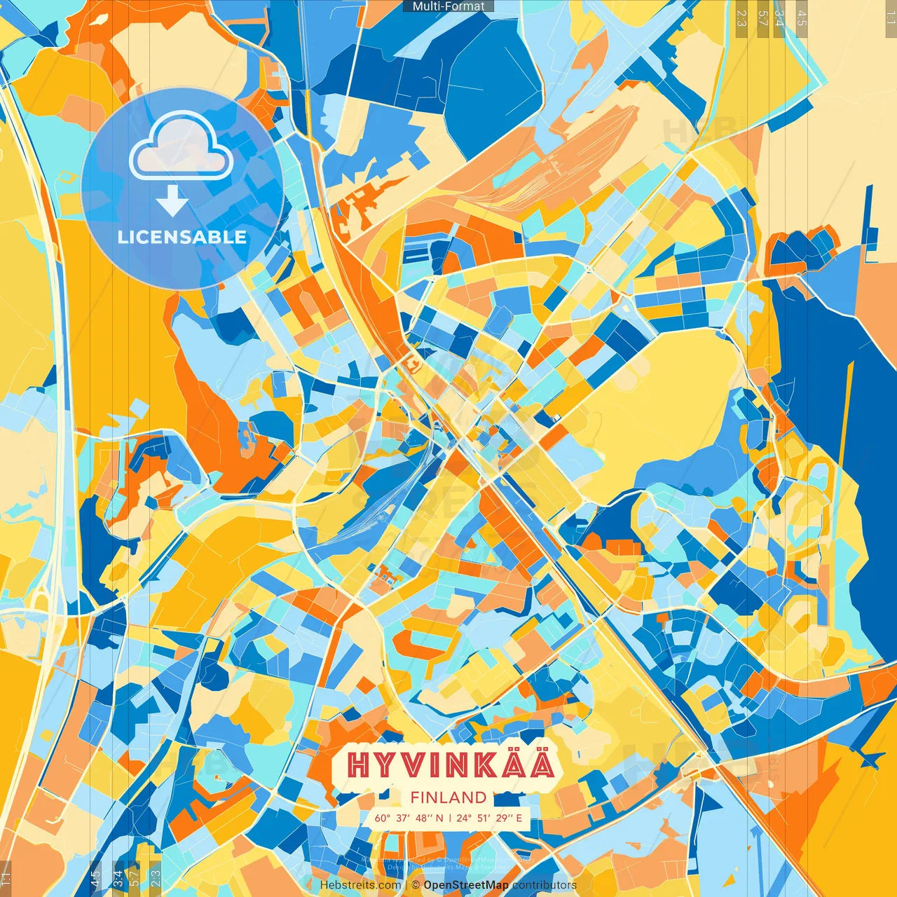 Hyvinkää, Finland blue and orange vector art map template