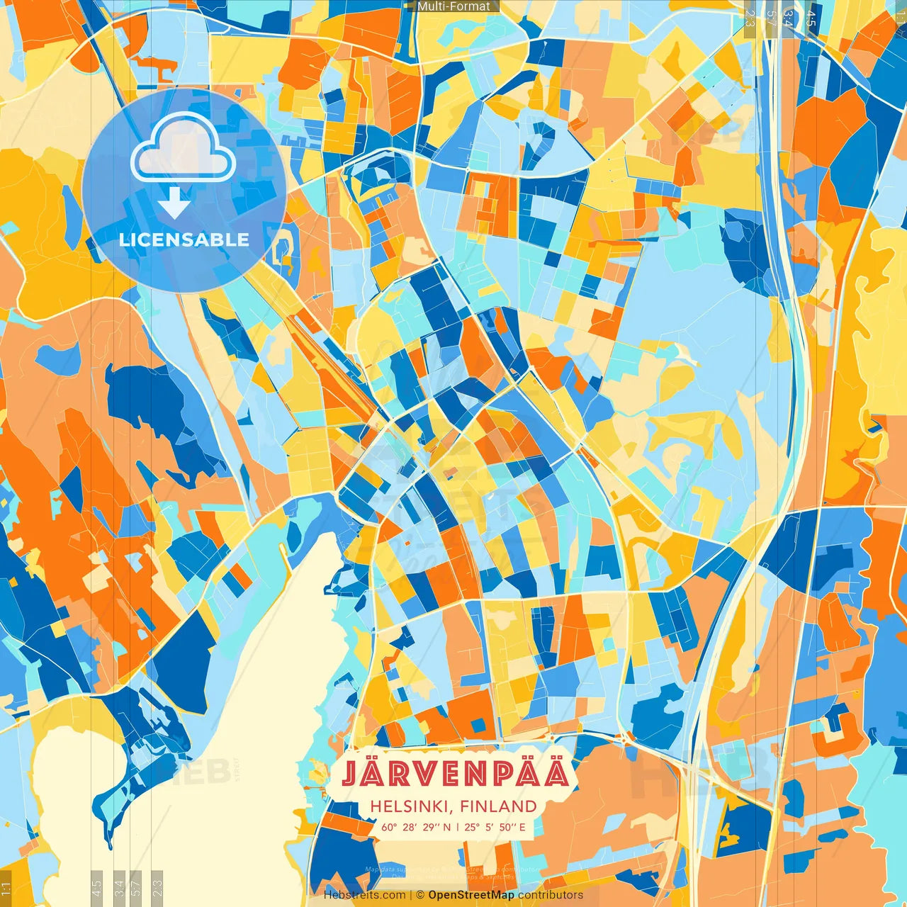 Järvenpää, Helsinki, Finland blue and orange vector art map template