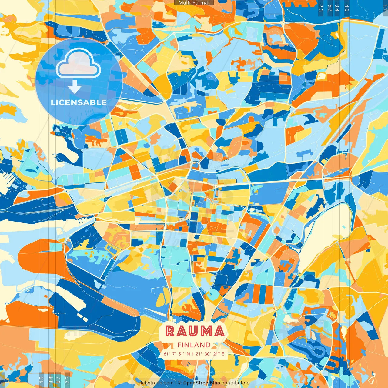 Rauma, Finland blue and orange vector art map template