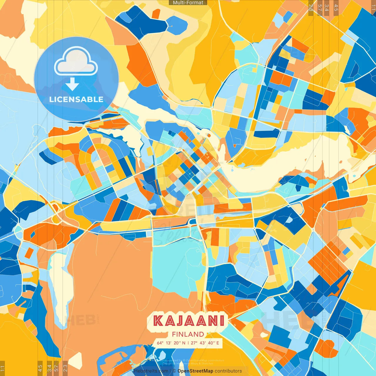 Kajaani, Finland blue and orange vector art map template
