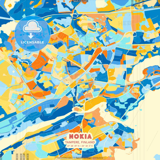 Nokia, Tampere, Finland blue and orange vector art map template