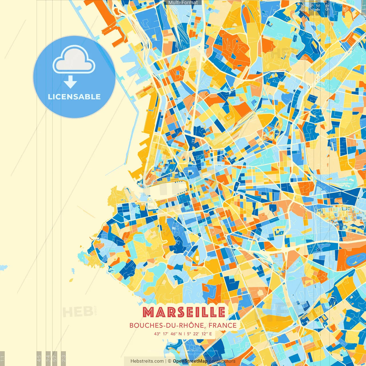 Marseille, Bouches-du-Rhône, France blue and orange vector art map template