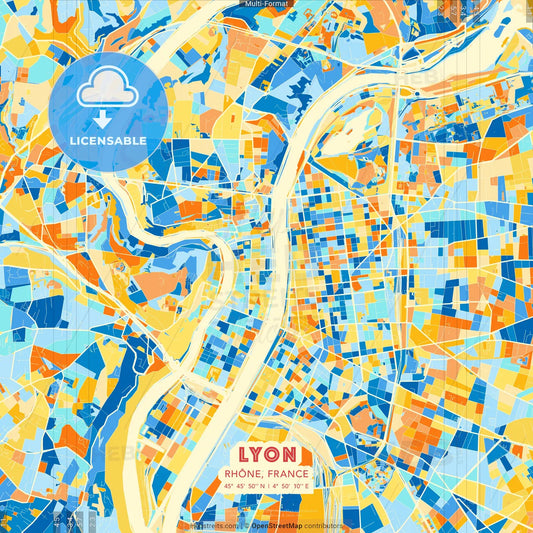 Lyon, Rhône, France blue and orange vector art map template