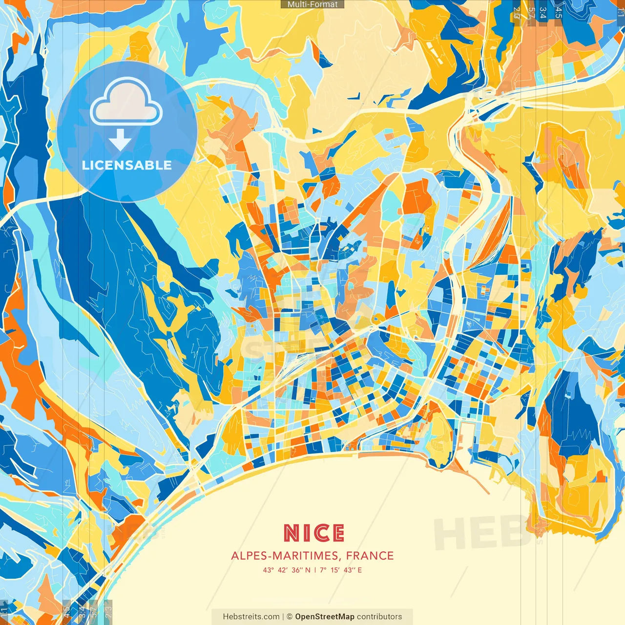 Nice, Alpes-Maritimes, France blue and orange vector art map template