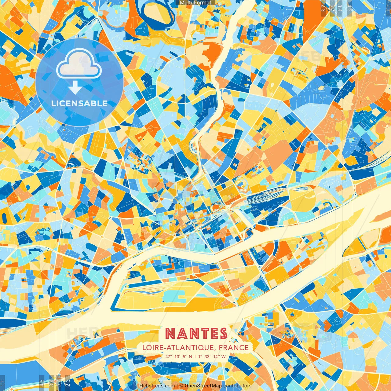 Nantes, Loire-Atlantique, France blue and orange vector art map template