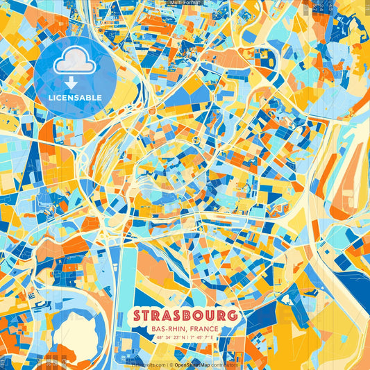 Strasbourg, Bas-Rhin, France blue and orange vector art map template