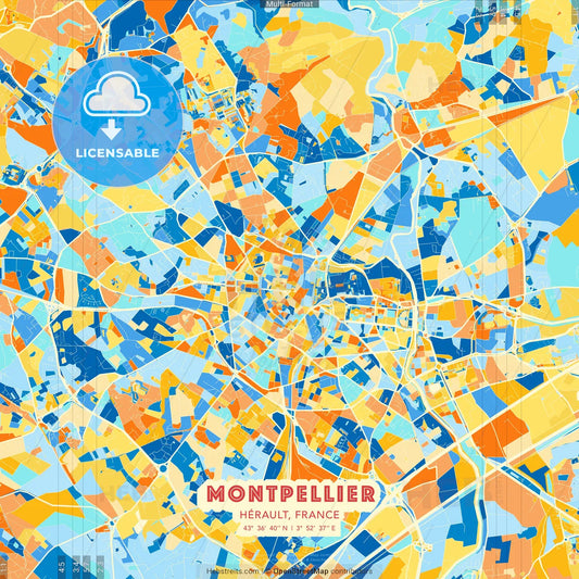 Montpellier, Hérault, France blue and orange vector art map template