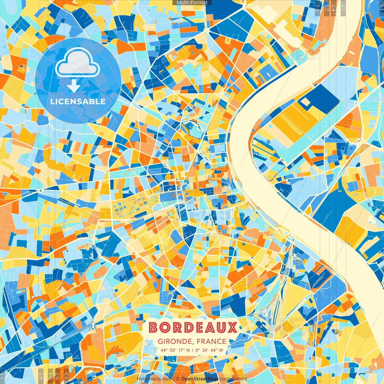 Bordeaux, Gironde, France blue and orange vector art map template