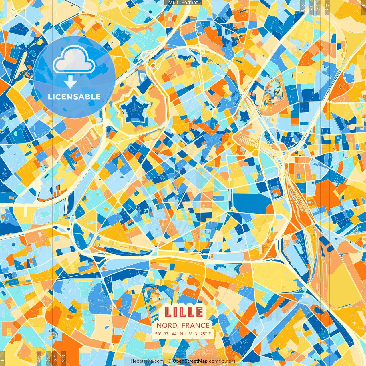 Lille, Nord, France blue and orange vector art map template