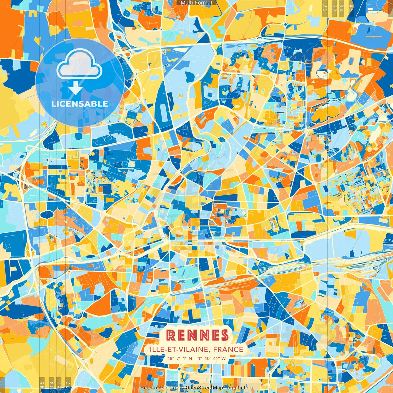 Rennes, Ille-et-Vilaine, France blue and orange vector art map template